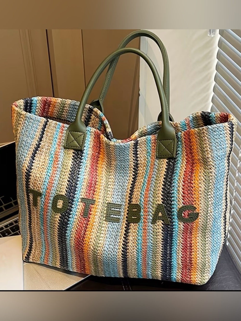 Tote Bag - Multicolor Striped Woven Tote with Olive Handles - Picture 1 of 4
